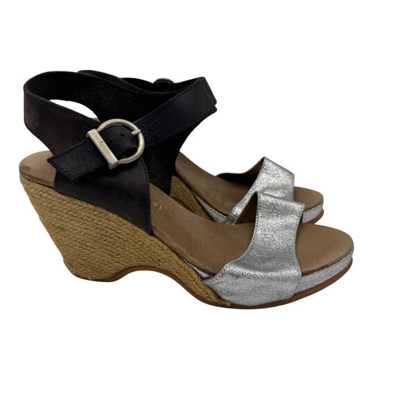 Eric Michael Size 8.5 Black Silver Leather Glitter Espadrille Sandal Shoes - Picture 4 of 9